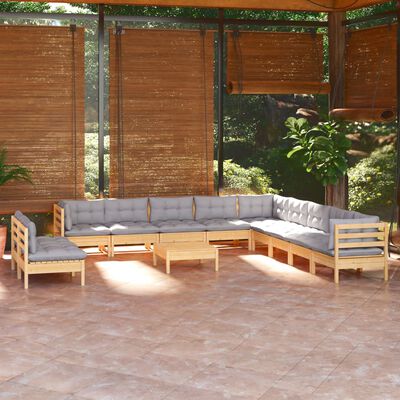 vidaXL Juego de muebles de jardín 12 pzas y cojines madera maciza pino