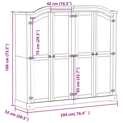 vidaXL Armario Corona madera maciza de pino 194x52x186 cm