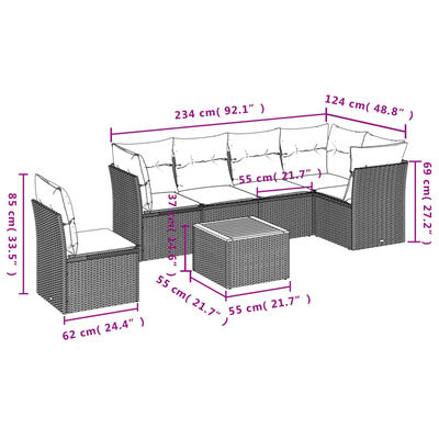 vidaXL Set de comedor de jardín 7 pzas y cojines ratán sintético negro