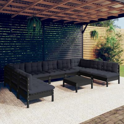 vidaXL Muebles de jardín 10 pzas y cojines negro madera maciza de pino