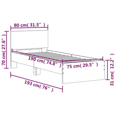 vidaXL Estructura de cama cabecero luces LED marrón roble 75x190 cm