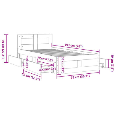 vidaXL Estructura cama con cabecero madera ingeniería negra 75x190 cm