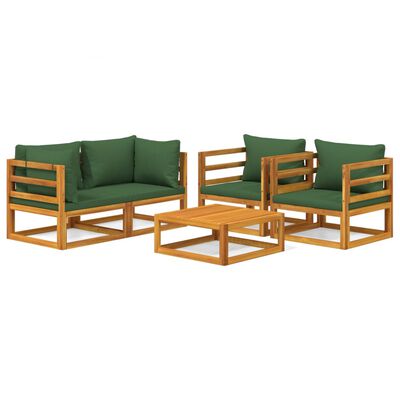 vidaXL Juego muebles de jardín 5 piezas madera maciza y cojines verdes