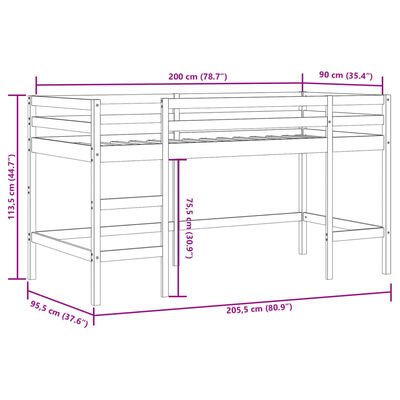 vidaXL Cama alta niños con túnel madera pino blanco negro 90x200 cm