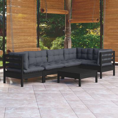 vidaXL Muebles de jardín 6 pzas con cojines negro madera de pino