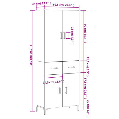 vidaXL Aparador alto madera contrachapada gris hormigón 69,5x34x180 cm