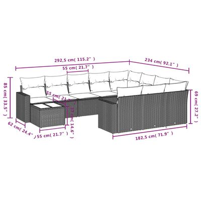 vidaXL Set de sofás de jardín 11 pzas y cojines ratán sintético gris