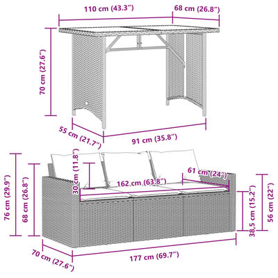 vidaXL Set comedor jardín y cojines 2 pzas ratán sintético gris claro