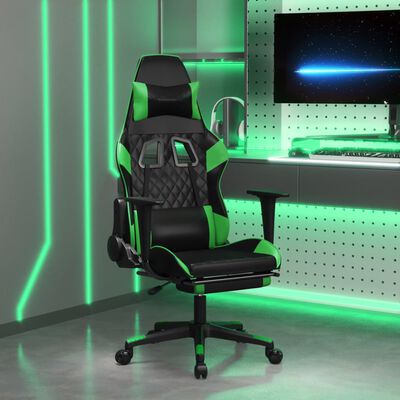 vidaXL Silla gaming de masaje y reposapiés cuero sintético negro verde