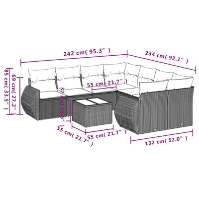 vidaXL Set de muebles de jardín 9 pzas y cojines ratán sintético gris