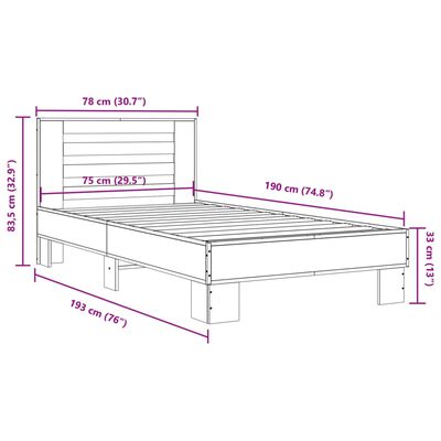 vidaXL Estructura cama madera ingeniería metal roble marrón 75x190 cm