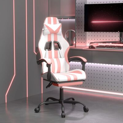 vidaXL Silla gaming giratoria y reposapiés cuero sintético blanco rosa