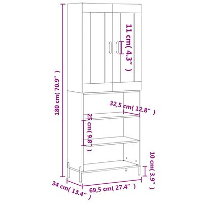 vidaXL Aparador alto madera contrachapada gris hormigón 69,5x34x180 cm