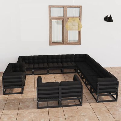 vidaXL Set de muebles de jardín 13 pzas con cojines madera pino negro