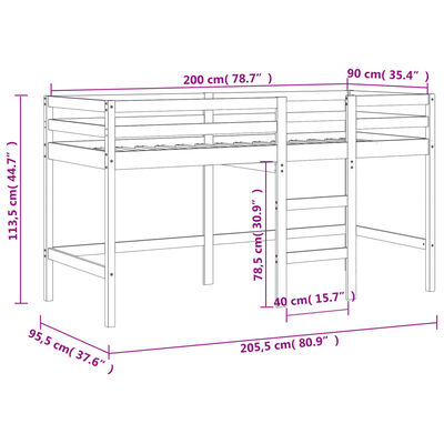 vidaXL Cama alta de niños escalera madera maciza pino blanco 90x200 cm