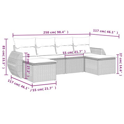 vidaXL Set de sofás de jardín 6 pzas y cojines ratán sintético gris