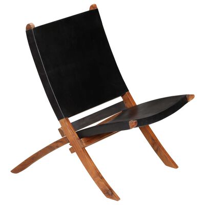 vidaXL Silla de relax plegable de cuero auténtico negro