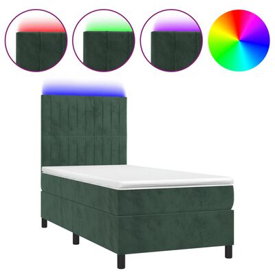 vidaXL Cama box spring colchón y LED terciopelo verde oscuro 90x190 cm