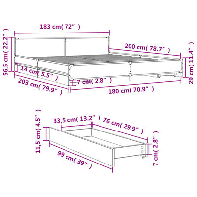 vidaXL Cama con cajones madera de ingeniería roble ahumado 180x200 cm