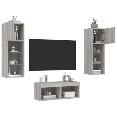 vidaXL Muebles de TV de pared con luces LED 4 piezas gris Sonoma