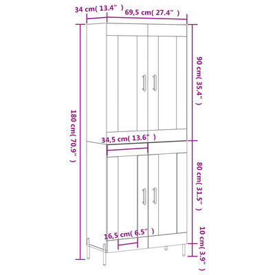 vidaXL Aparador alto madera contrachapada gris hormigón 69,5x34x180 cm