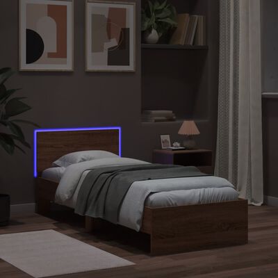 vidaXL Estructura de cama cabecero luces LED marrón roble 75x190 cm