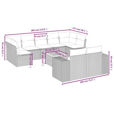 vidaXL Set de sofás de jardín 10 pzas con cojines ratán sintético gris