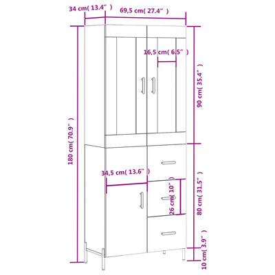 vidaXL Aparador alto madera contrachapada marrón roble 69,5x34x180 cm