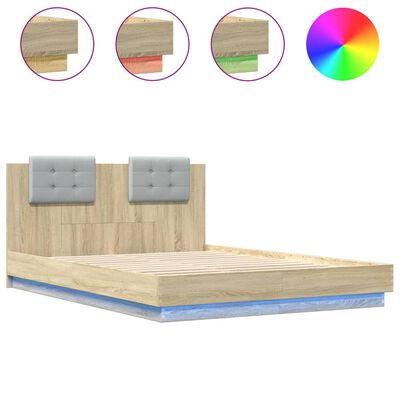 vidaXL Estructura de cama cabecero luces LED roble Sonoma 120x200 cm