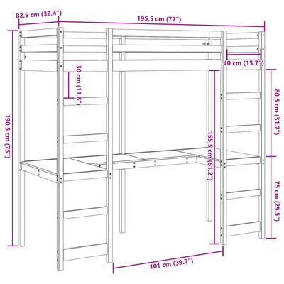 vidaXL Cama alta sin colchón madera maciza de pino blanco 75x190 cm