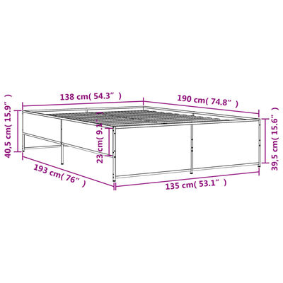 vidaXL Estructura cama madera ingeniería metal marrón roble 135x190 cm