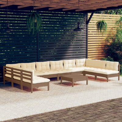 vidaXL Muebles de jardín 11 pzas y cojines madera de pino marrón miel