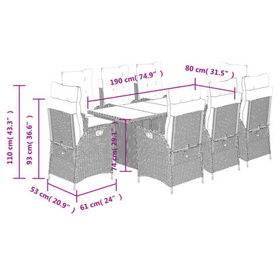 vidaXL Set comedor de jardín 9 pzas cojines ratán sintético gris claro