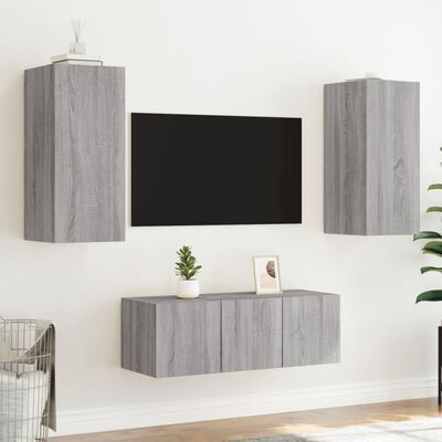 vidaXL Muebles TV pared con LED 4 pzas madera ingeniería gris Sonoma