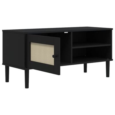 vidaXL Mueble de TV SENJA aspecto ratán madera pino negro 106x40x49 cm