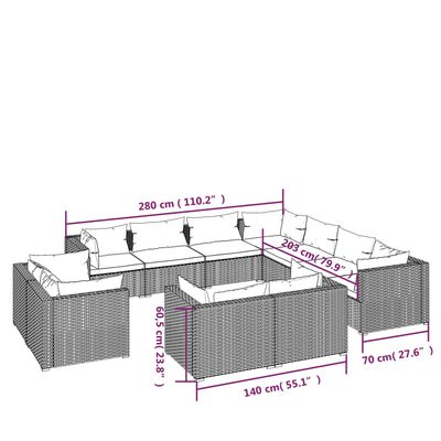 vidaXL Set muebles de jardín 11 piezas cojines ratán sintético marrón