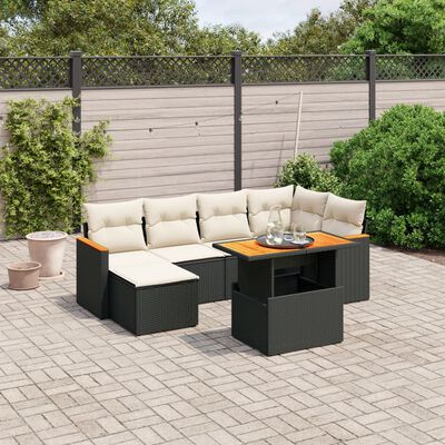 vidaXL Set de comedor de jardín 7 pzas y cojines ratán sintético negro