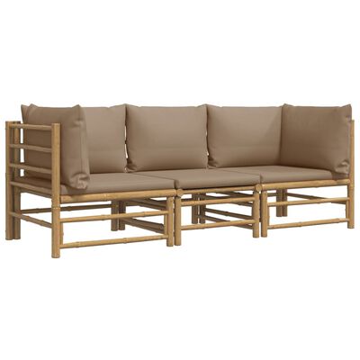 vidaXL Set de muebles de jardín 3 piezas bambú y cojines gris taupe