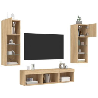 vidaXL Muebles TV pared con LED 5 pzas madera ingeniería roble Sonoma