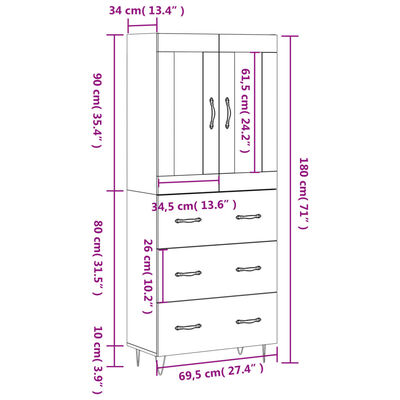 vidaXL Aparador alto madera contrachapada roble ahumado 69,5x34x180 cm