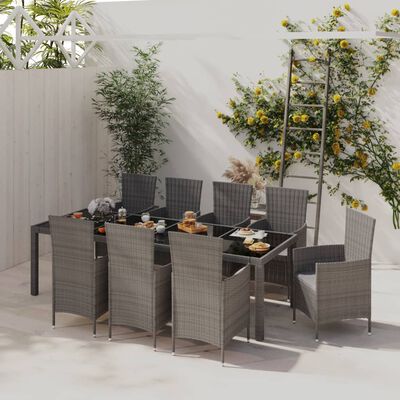 vidaXL Set de comedor de jardín 9 pzas y cojines ratán sintético gris