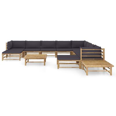 vidaXL Set de muebles de jardín 12 pzas bambú con cojines gris oscuro