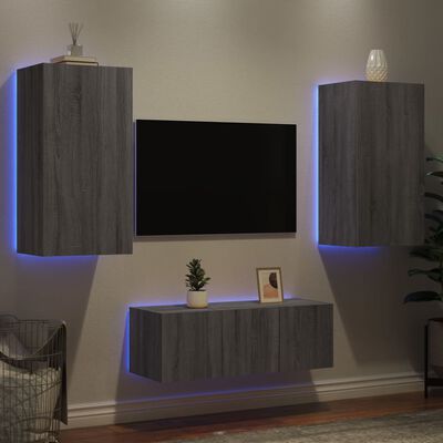 vidaXL Muebles TV pared con LED 4 pzas madera ingeniería gris Sonoma