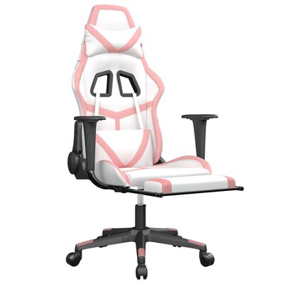 vidaXL Silla gaming masaje y reposapiés cuero sintético blanco y rosa