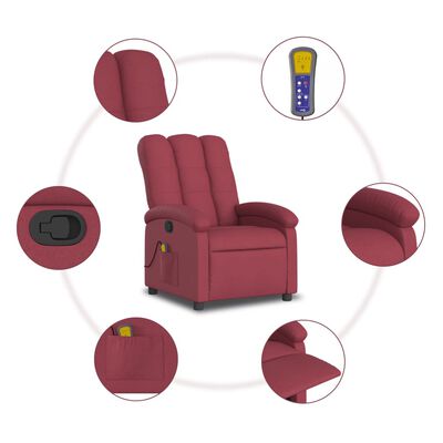 vidaXL Sillón de masaje reclinable de tela color vino tinto