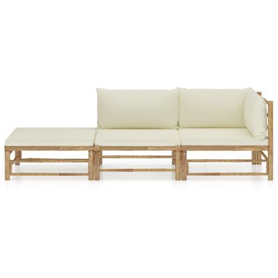 vidaXL Set de muebles de jardín 3 piezas bambú y cojines blanco crema