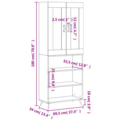 vidaXL Aparador alto madera contrachapada roble ahumado 69,5x34x180 cm