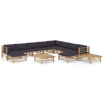 vidaXL Set de muebles de jardín 12 pzas bambú con cojines gris oscuro