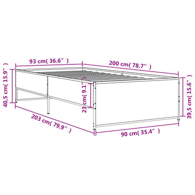 vidaXL Estructura cama madera ingeniería metal roble ahumado 90x200 cm