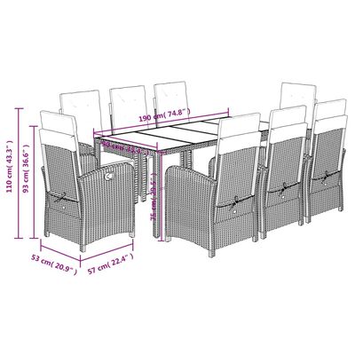 vidaXL Set de comedor de jardín 9 pzas y cojines ratán sintético negro